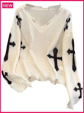 Ripped Graphic Sweater V-Neck Drop Shoulder Pullover Casual Long Sleeve